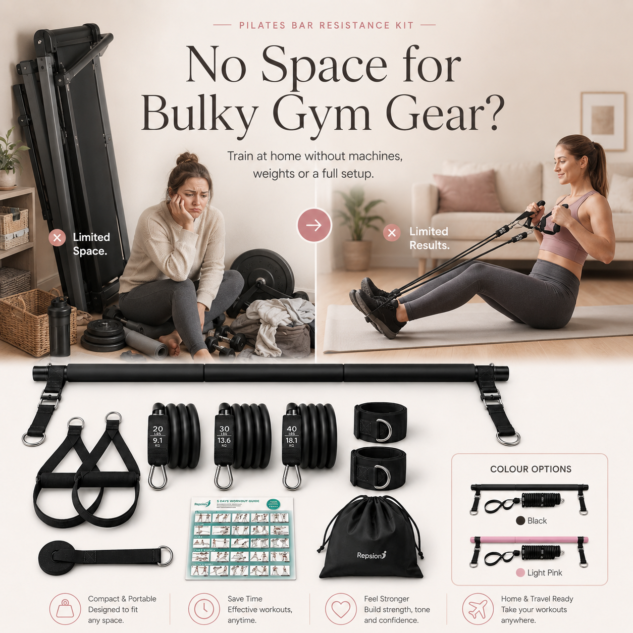Pilates Bar Kit With 6 Resistance Bands Home Gym Fitness Training Workout Set