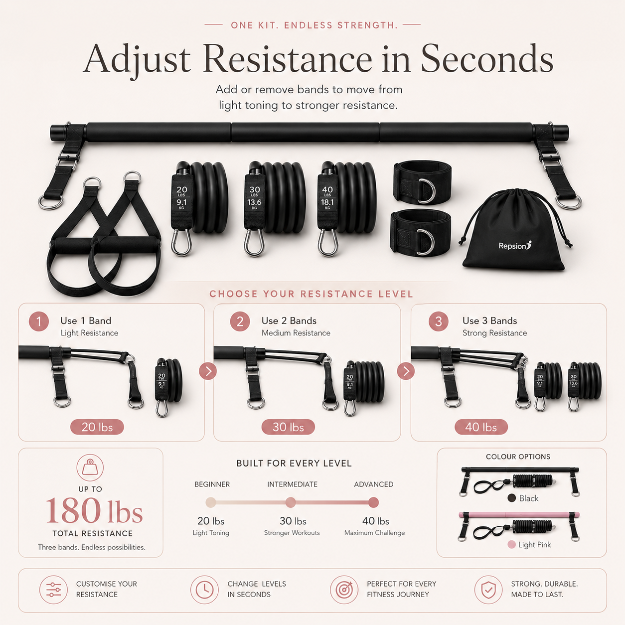 Pilates Bar Kit With 6 Resistance Bands Home Gym Fitness Training Workout Set