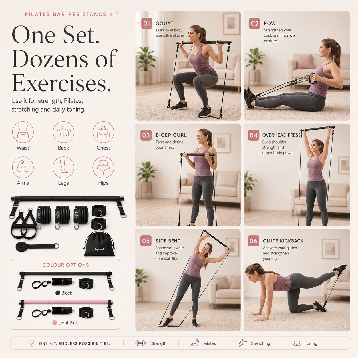 Pilates Bar Kit With 6 Resistance Bands Home Gym Fitness Training Workout Set