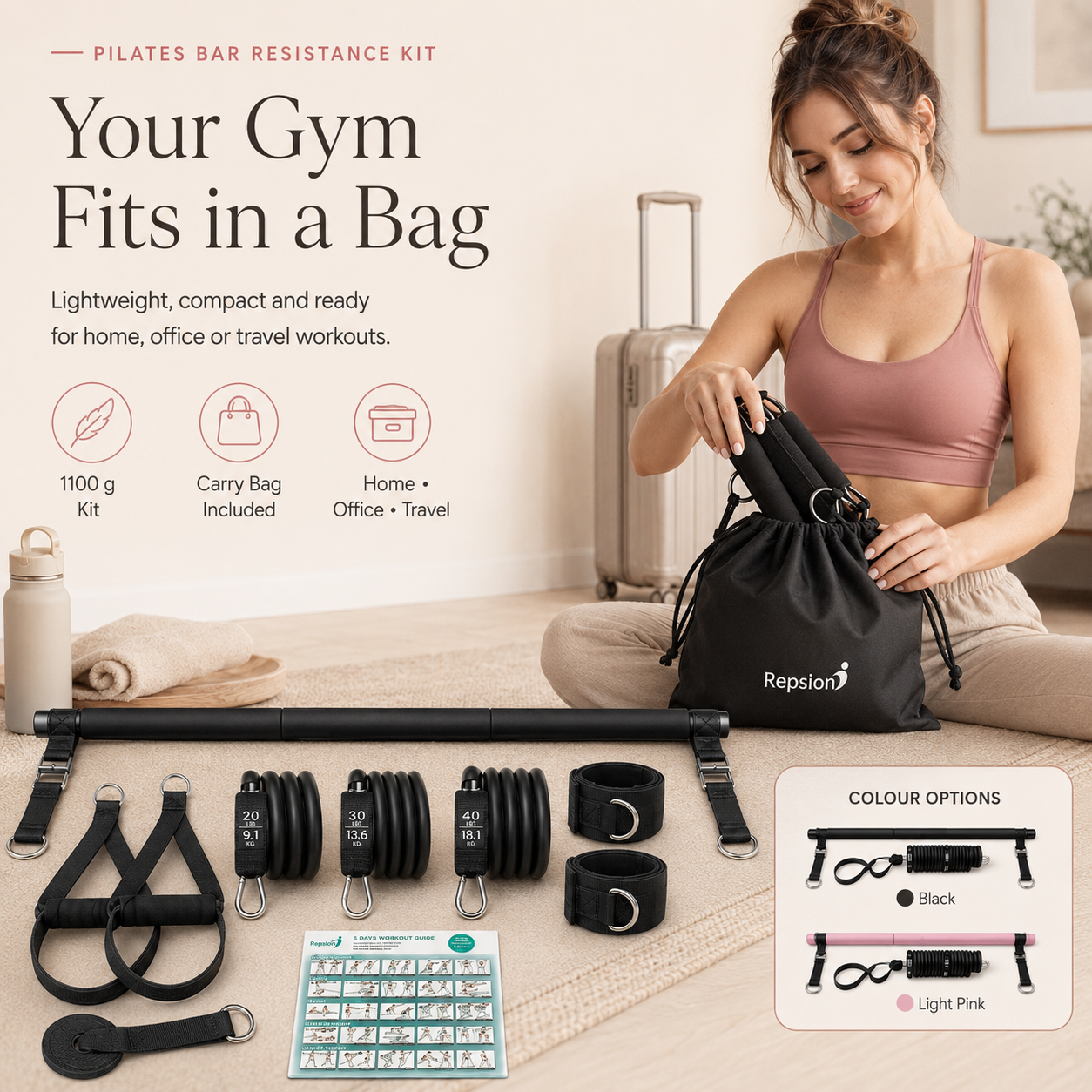 Pilates Bar Kit With 6 Resistance Bands Home Gym Fitness Training Workout Set